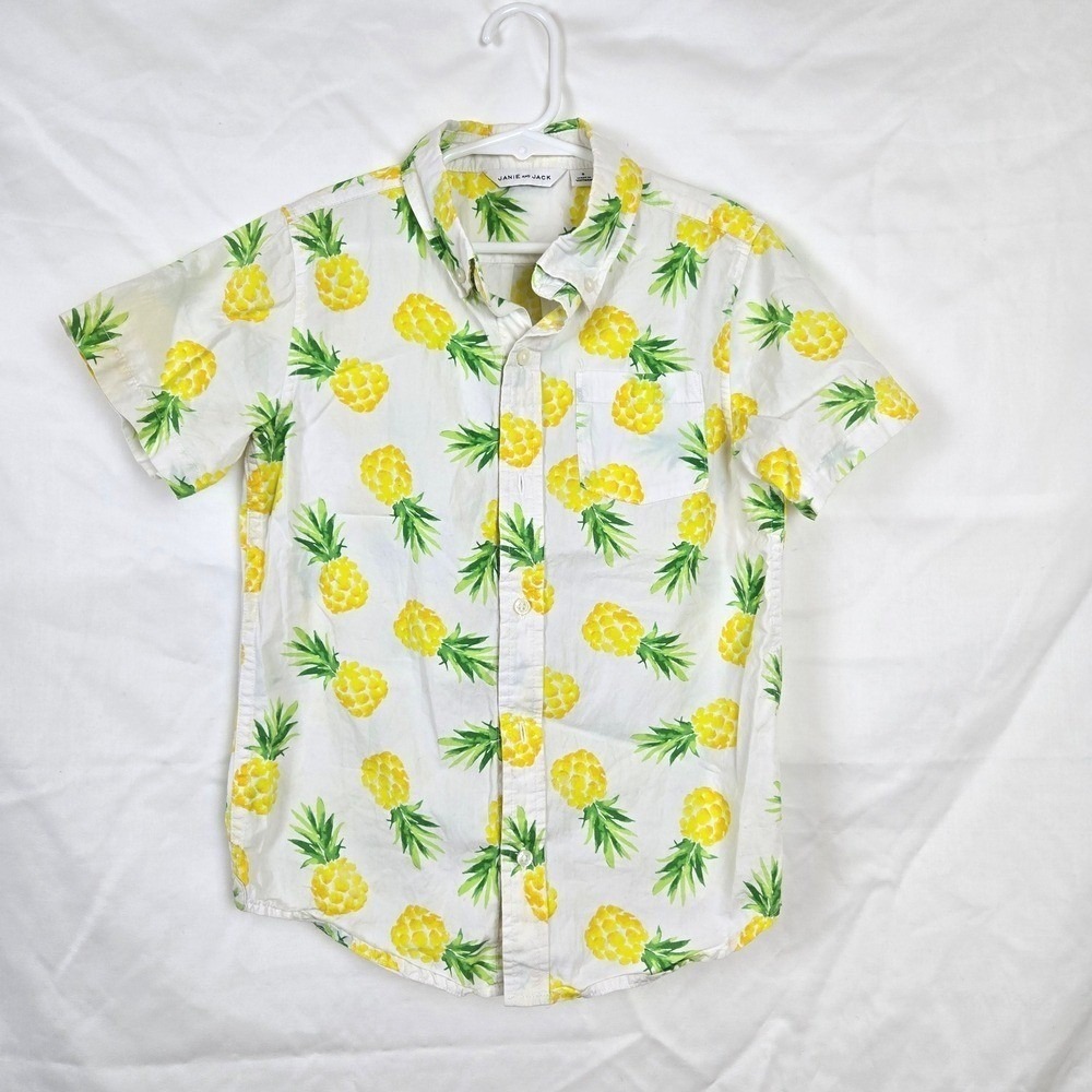 Janie & Jack Boys White‎ Yellow Pineapple Tropical Poplin Button Up Shirt Sz 8
